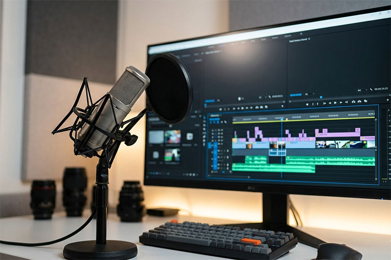 Image of a microphone in front of a monitor showing an editing suite
