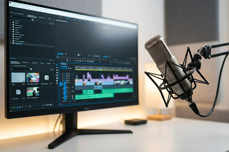 Image of a microphone and a computer monitor showing a video editing suite
